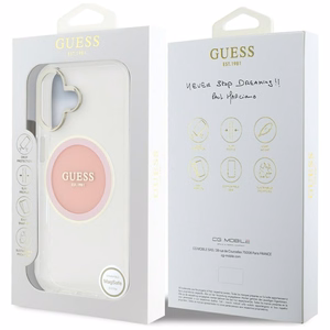Guess IML Metal Colored Circle Classic Logo MagSafe Suojakuori iPhone 16:lle - vaaleanpunainen