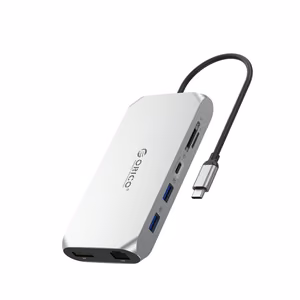 Orico XCR 12-in-1 USB-C-telakointiasema 2x USB-A 3.1 1x USB-A 2.0 1x USB-C PD 100W 1x USB-C 3.1 2x HDMI 2.0 4K 60Hz 1x DisplayPort 1.4 4K 60Hz 1x SD 3.0 1x microSD 3.0 1x RJ45 Gigabit Ethernet 1x audio CTIA 3.5 mm - hopea