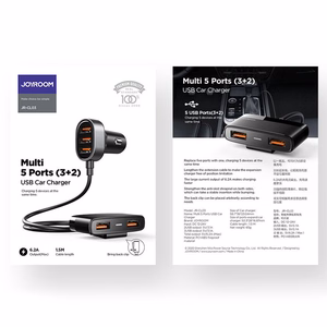 Joyroom nopea autolaturi 5x USB 6.2 A jatkokaapelilla musta (JR-CL03)