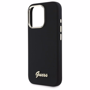 Guess Silikoninen Script Metal Logo & Frame Suojakuori iPhone 16 Pro Max:lle - musta
