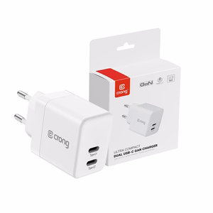 Crong Ultra Compact GaN -seinälaturi, 2 × USB-C, 35 W, PD 3.0, PPS, valkoinen