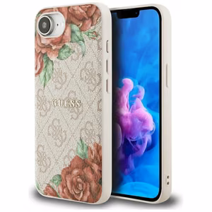 GUESS 4G Flowers Print MagSafe Alkuperäinen Suojakuori iPhone 17e/16e:lle - Vaaleanpunainen