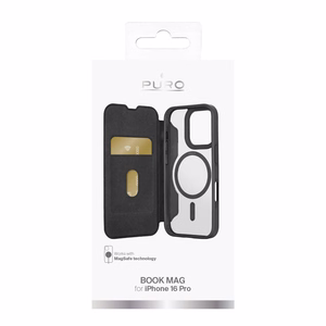 Puro Book Mag MagSafe Nahkainen Suojakuori läpällä ja korttilokerolla iPhone 16 Prolle - musta