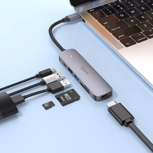 Sovitin Hoco HB28 Type-C monitoiminen HDMI+USB3.0+USB2.0+SD+TF+PD harmaa