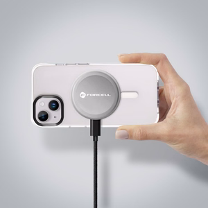 FORCELL F-ENERGY Smart Charge Qi2 15W langaton laturi 150cm irrotettavalla kaapelilla MagSafe-yhteensopiva hopea