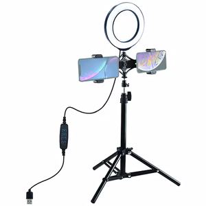 LED-rengaslamppu 16 cm pöytäjalustan kiinnikkeellä enintään 70 cm ja kaksois-puhelinkiinnike, USB