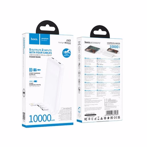 Hoco J163 -varavirtalähde 10000 mAh 2A neljällä sisäänrakennetulla kaapelilla USB-A + USB-C + Lightning + Micro USB, valkoinen