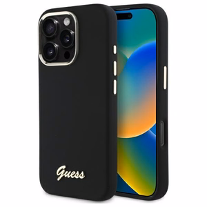 Guess Silikoninen Script Metal Logo & Frame Suojakuori iPhone 16 Pro Max:lle - musta