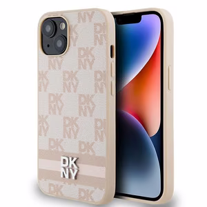 DKNY Nahkainen Ruudullinen Mono-kuvio ja Painetut Raidat Suojakuori iPhone 15 Plus / 14 Plus:lle - vaaleanpunainen