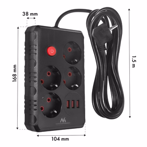 Maclean MCE392 B – jatkojohto pistorasioilla, 4 pistorasiaa + 3×USB, 110–240 V AC, 50/60 Hz, 2,1 A, enintään 2500 W, 1,5 m, musta