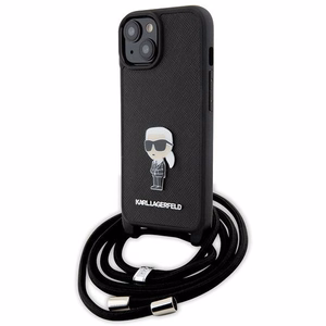 Karl Lagerfeld Suojakuori iPhone 15 6,1 KLHCP15SSASKNPSK musta HC Saffiano Ikonik Metal Pin Monogram Crossbody