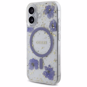 Guess Resin Flowers Glitter MagSafe Suojakuori iPhone 16:lle - Violetti
