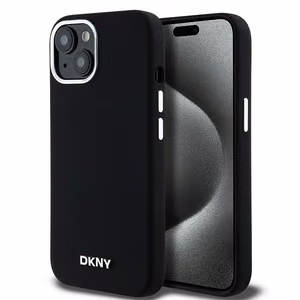 DKNY Liquid Silikoninen Small Metal Logo MagSafe Suojakuori iPhone 15 Plus / 14 Plus:lle - musta