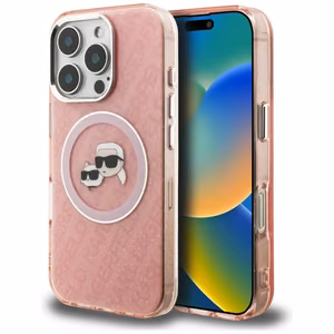 Karl Lagerfeld IML Glitter Karl & Choupette Heads Logo MagSafe suojakuori iPhone 16 Pro Max - vaaleanpunainen