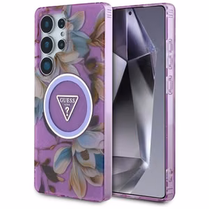 GUESS Glitter Flowers Triangle Buttons MagSafe-suojakuori Samsung Galaxy S25 Ultralle - violetti
