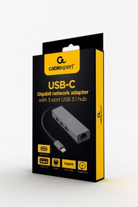 Gembird A-CMU3-LAN-01 USB-C Gigabit-verkkoadapteri ja 3-porttinen USB 3.1 -hubi