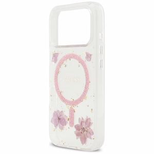 Guess Resin Flowers Glitter MagSafe -kuori iPhone 17 Pro pinkki