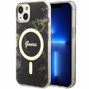 Guess GUHMP14SHTMRSK iPhone 14 6,1 musta suojakuori Magsafe IML Golden Marble