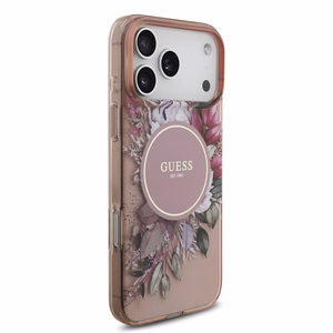 Guess IML Flowers Pearl Strap MagSafe -suojakuori iPhone 17 Pro Max - pinkki