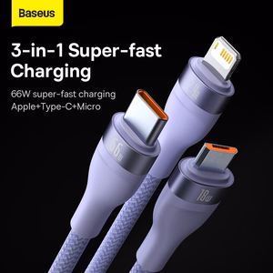 Baseus Cable Flash Series II 3 in 1 - USB to Type C, Lightning, Micro USB - 66W 6A 1,2 metres (CASS040005) purple