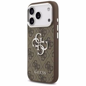 Guess Suojakuori iPhone 17 Pro:lle GUHCP17LP4G4SMCW (4G PU Nahkainen Big 4G ja Classic Logo ja Hopeinen Metallikamerakehys) Ruskea