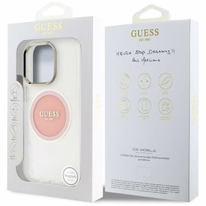Guess IML Metal Colored Circle Classic Logo MagSafe Suojakuori iPhone 16 Pro:lle - vaaleanpunainen