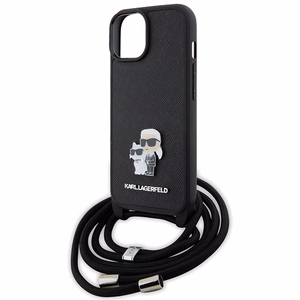 Karl Lagerfeld Crossbody Saffiano Metal Pin Karl & Choupette Suojakuori iPhone 15 Plus:lle - musta