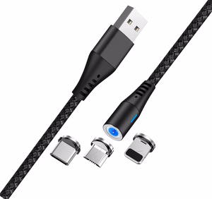Maxlife MXUC-02 magneettinen kaapeli USB - Lightning + USB-C + microUSB 1,0 m 2A musta nylon