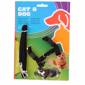 Nylon harness for dog or cat, 30–40 cm, with 120 cm leash, Black