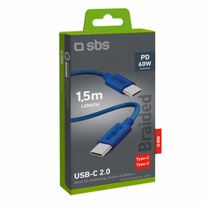 SBS TECABLETISSUETCCB USB-C - USB-C 1,5m 60W punottu kaapeli - sininen
