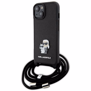 Karl Lagerfeld Crossbody Saffiano Metal Pin Karl & Choupette Suojakuori iPhone 15 Plus:lle - musta