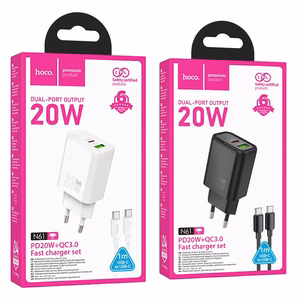 Puhelinlaturi Hoco USB-A + USB-C QC3.0 PD 3A 20W + USB-C - USB-C -kaapeli N61 musta