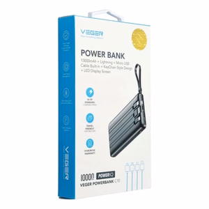 Varavirtalähde Veger C10 (W1116) 10000 mAh sisäänrakennetuilla Micro-USB / Type-C / Lightning -kaapeleilla musta