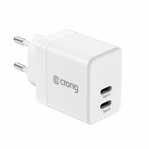 Crong Ultra Compact GaN -seinälaturi, 2 × USB-C, 35 W, PD 3.0, PPS, valkoinen