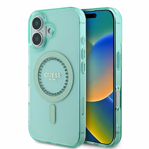 Guess IML Rhinestones MagSafe Suojakuori iPhone 16:lle - vihreä