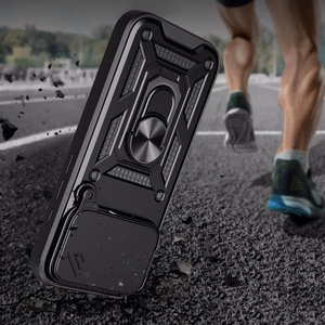 Hybrid Armor Camshield Suojakuori jalustalla ja kameran suojuksella iPhone 17 Pro:lle - musta