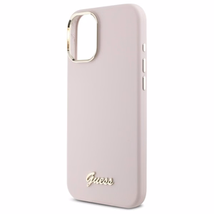 Guess Silikoninen Script Metal Logo & Frame Suojakuori iPhone 16 Plus:lle - Vaaleanpunainen