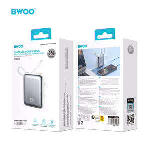 BWOO 20000mAh Fast Charging Power Bank PD45W With 2 Cables Type C and Lightning P78 silver