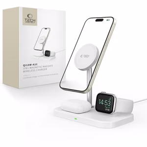 Tech-Protect QI15W-A22 MagSafe induktiivinen laturi 3in1 MagSafe-telineellä älypuhelimelle / Apple Watch / AirPods - valkoinen