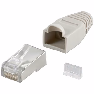Goobay 68746 RJ45-pistoke, CAT 5e STP suojattu vedonpoistolla, harmaa, pyöreälle kaapelille, sisäänvientilenkillä 6.4 mm, yksittäispakattu (1 sarja pussissa) Tekniset tiedot Liitännät Liitäntä, tyyppi RJ45-pistoke (8P8C) Liitäntä, kosketin