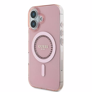 Guess IML Rhinestones MagSafe Suojakuori iPhone 16:lle - vaaleanpunainen