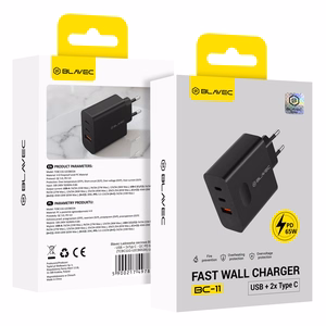 Blavec seinälaturi BC-11 GaN - USB + 2xType C - QC PD 65W 3A (TCBC11G-U2CB653A) musta