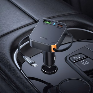 Autolaturi Hoco sisäänvedettävällä kaapelilla 2 x USB C + USB A QC PD 65W NZ18 musta