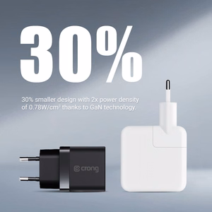 Crong Ultra Compact GaN -seinälaturi, 2 × USB-C, 35 W, PD 3.0, PPS, musta
