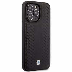 BMW BMHMP14X22RFGK musta nahkainen timanttikuvioinen suojakuori iPhone 14 Pro Max 6.7 MagSafe