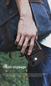 Hybrid Armor Camshield Suojakuori jalustalla ja kameran suojuksella iPhone 17:lle - musta