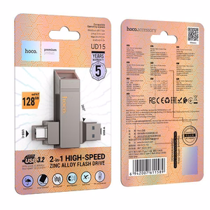 Pendrive 128GB USB 3.2 (USB A + USB C) Hoco UD15 harmaa
