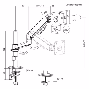 Ergo Office ER-691 W – kaasujousellinen näytönvarsi 17–32 tuuman näytölle, 1–10 kg, VESA enintään 100×100, mattavalkoinen