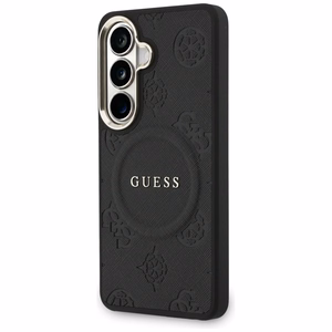 Guess Saffiano Peony Embossed Ring MagSafe -suojakuori Samsung Galaxy S26 Plusille musta