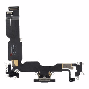 Original charging-port flex cable removed from a donor device for iPhone 15 Plus – black